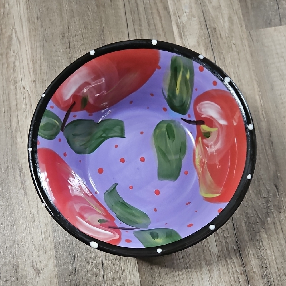Hand-Painted Purple and Red Apple Large Ceramic Bowl